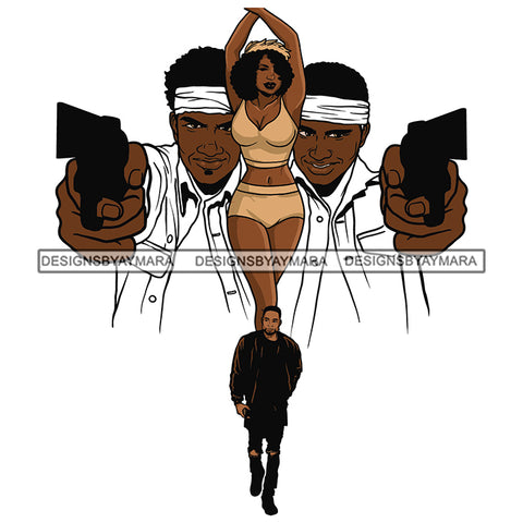 Sexy Hot Woman Black Curly Hairs Gangster Smiling Boys Mans Holding Guns Pistols Shooting Boy Black Dress White Background Vector SVG JPG PNG Clipart Cricut Silhouette Cut Cutting