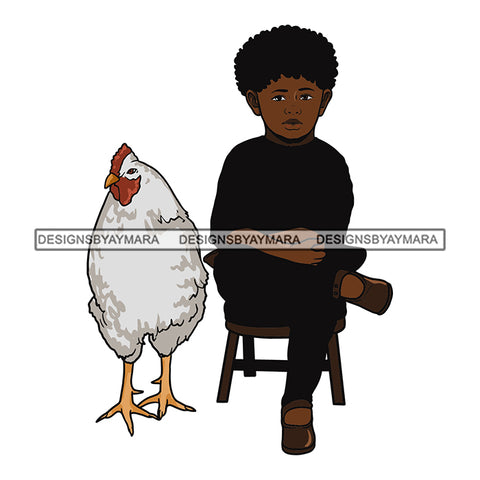Cute Black Curly Hairs Kid White Chicken Cock Animal Melanin Nubian African American Child Boy Vector SVG JPG PNG Clipart Cricut Silhouette Cut Cutting