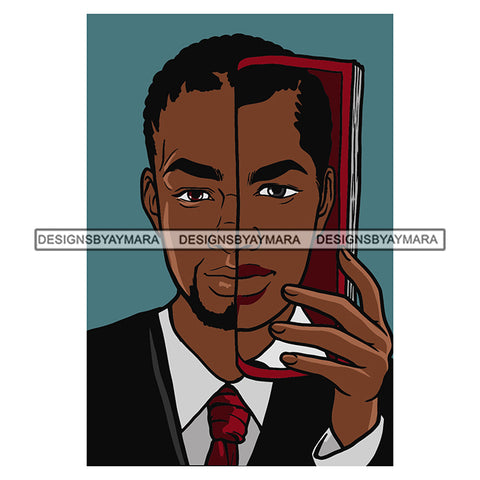 Black Man Wearing Coat Tie Holding Half Face Picture Image Newspaper Book Black Beard Melanin Nubian African American Body Builder Boy SVG JPG PNG Vector Clipart Cricut Silhouette Cut Cutting