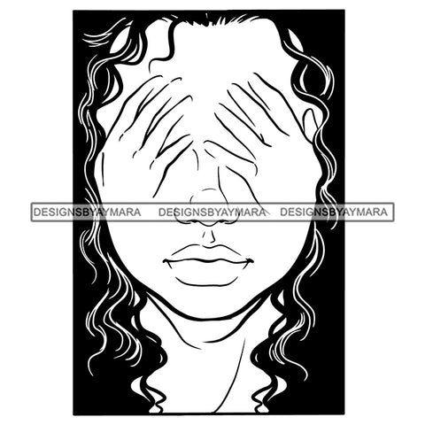 Woman Blindfolded Hands On Eyes Blind Girl Curly Hairs Lady Black And White Tattoo SVG JPG PNG Vector Clipart Cricut Silhouette Cut Cutting