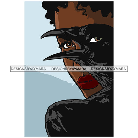 Black Raven African Woman Curly Hairs Red Lipstick Girl Dangerous Bird Tattoo Magic Melanin Nubian American Lady SVG JPG PNG Vector Clipart Cricut Silhouette Cut Cutting