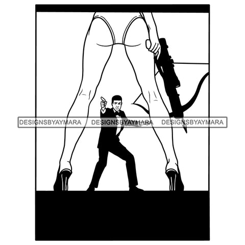 Man Wearing Black 3 Piece Pent Coat Bow Holding Gun Pistol Shooting Sexy Hot Woman Panty High Heel Girl Holding Crossbow Arrow Gun Archery Tattoo Lady SVG JPG PNG Vector Clipart Cricut Silhouette Cut Cutting