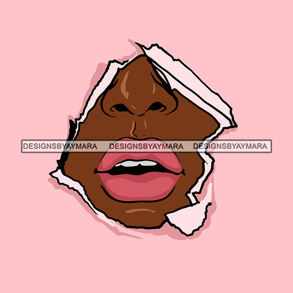 Black Woman Inhaling Breath Pink Lipstick Open Mouth Hole Wall Girl Tattoo Magic Melanin Nubian American Lady SVG JPG PNG Vector Clipart Cricut Silhouette Cut Cutting