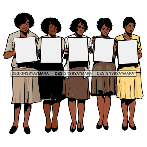 Black Curly Hairs Women Group Wearing Long Shirt Holding Blank White Board Chart Banner Poster Magic Melanin Nubian American Lady Protest SVG JPG PNG Vector Clipart Cricut Silhouette Cut Cutting