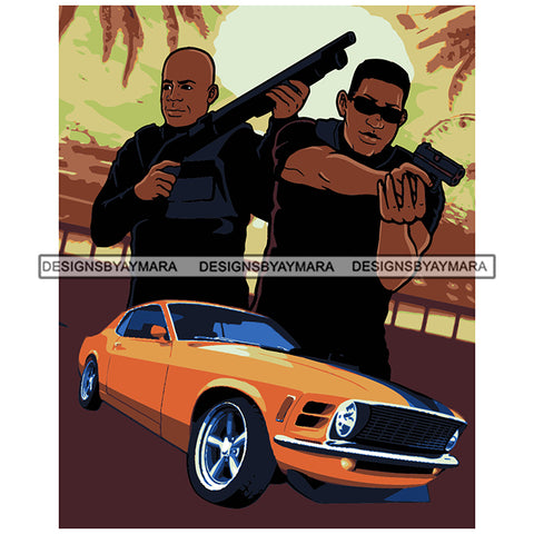 Black Gangster Man Group Holding Gun Pistol Shotgun Shooting Wearing Black Shirt Sunglasses Orange Sports Car Robber Criminal Thief Street Hustler Hustling Badass Nubian African American Boy SVG JPG PNG Vector Clipart Cricut Silhouette Cut Cutting