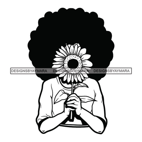 Standing Woman Wearing Round Neck White Shirt Dress Holding Sunflower Hiding Face Behind Flower Curly Hairs Black And White SVG JPG PNG Vector Clipart Cricut Silhouette Cut Cutting