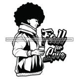 Fall For Love Standing Woman Holding Coffee Cup Wearing Winter Jacket Black Curly Hairs Hair Style Girl Black And White SVG JPG PNG Vector Clipart Cricut Silhouette Cut Cutting