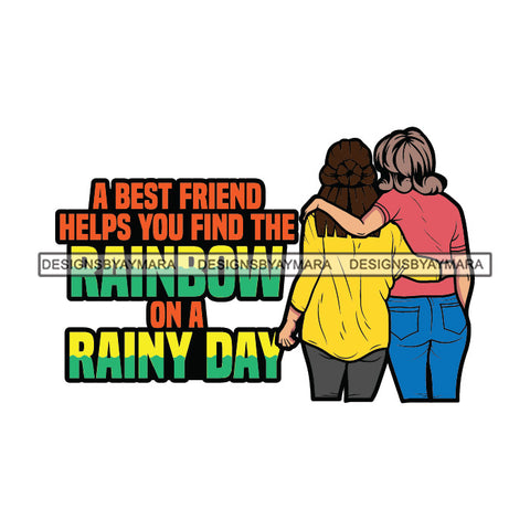 Best Friends Help Rainbow Rainy Day Friendship Besties Girls Standing Backwards Together Hugging Hug Pony Tail Hairs Hair Style Girl Woman Best Friend Lesbian Love Lesbians Wearing Pant Shirt SVG JPG PNG Vector Clipart Cricut Silhouette Cut Cutting