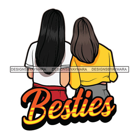 Besties Best Friends Girls Standing Together Long Black Brown Hairs Wearing T-Shirt Girl Woman Best Friend Lesbian Lesbians Love SVG JPG PNG Vector Clipart Cricut Silhouette Cut Cutting