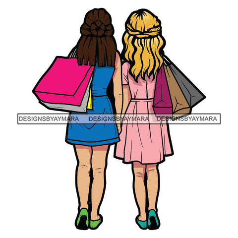 Friendship Besties Best Friends Girls Walking Together Holding Hands Shopping Bags Bag Wearing Skirt Pony Tail Brown Blonde Hairs Girl Woman Best Friend Lesbian Lesbians Love SVG JPG PNG Vector Clipart Cricut Silhouette Cut Cutting