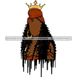 Black Woman Dummy Wearing Orange Dress Showing Cleavage Curly Hairs Style Gold Golden Crown Turban Girl Jewelry Earrings Magic Melanin Nubian African American Lady Black Paint Dripping SVG JPG PNG Vector Clipart Cricut Silhouette Cut Cutting
