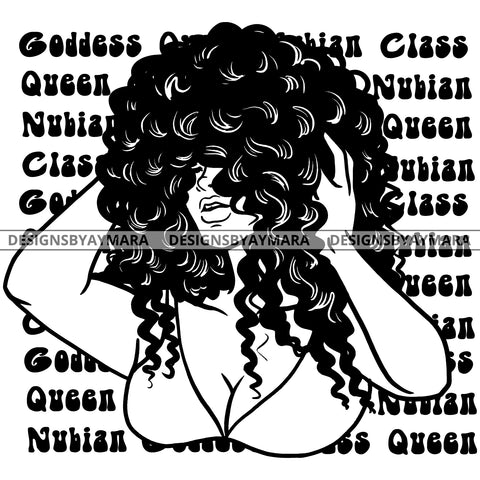 Goddess Diva Nubian Black Queen Holding Hair In BW Big Afro SVG JPG PNG Vector Clipart Cricut Silhouette Cut Cutting
