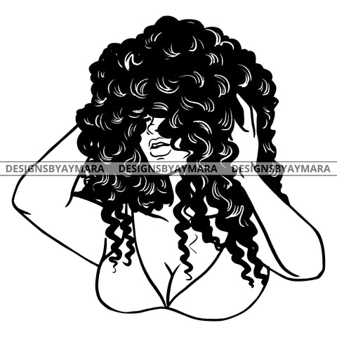 Goddess Diva Nubian Black Queen Holding Hair In BW Big Afro SVG JPG PNG Vector Clipart Cricut Silhouette Cut Cutting