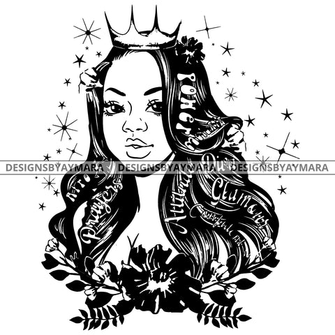 Goddess Diva Black Crown Queen In BW With Words Long Hair SVG JPG PNG Vector Clipart Cricut Silhouette Cut Cutting
