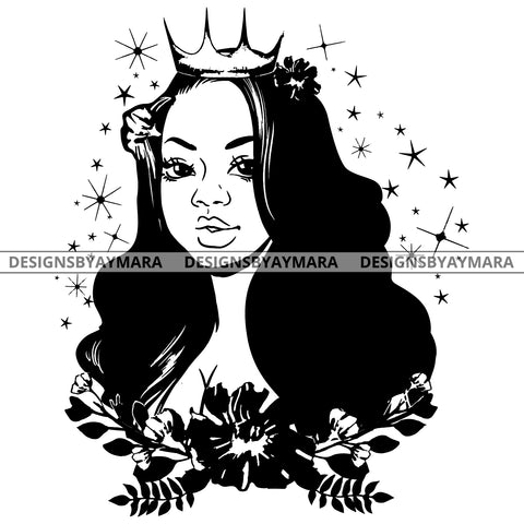Goddess Diva Black Crown Queen In BW No Words Long Hair SVG JPG PNG Vector Clipart Cricut Silhouette Cut Cutting