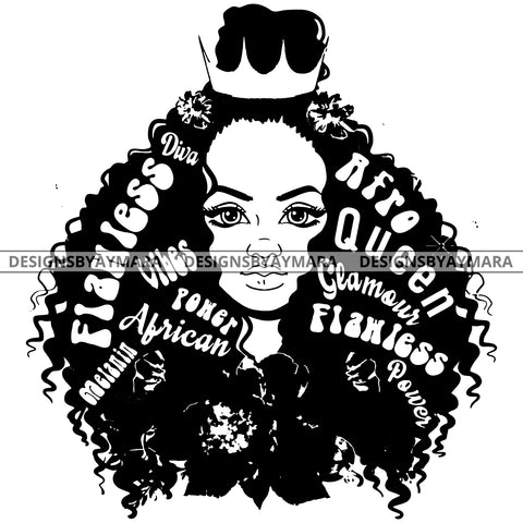 Flawless Goddess Diva Black Crown Queen In BW With Words Long Hair SVG JPG PNG Vector Clipart Cricut Silhouette Cut Cutting