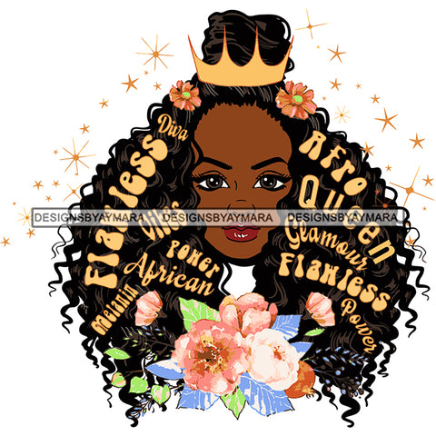 Flawless Goddess Diva Black Crown Queen In Color With Words Long Hair SVG JPG PNG Vector Clipart Cricut Silhouette Cut Cutting