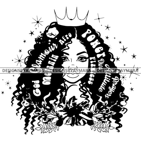Power Goddess Diva Black Crown Queen In BW With Words Long Hair SVG JPG PNG Vector Clipart Cricut Silhouette Cut Cutting