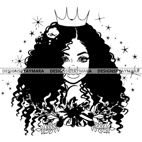 Power Goddess Diva Black Crown Queen In BW No Words Long Hair SVG JPG PNG Vector Clipart Cricut Silhouette Cut Cutting