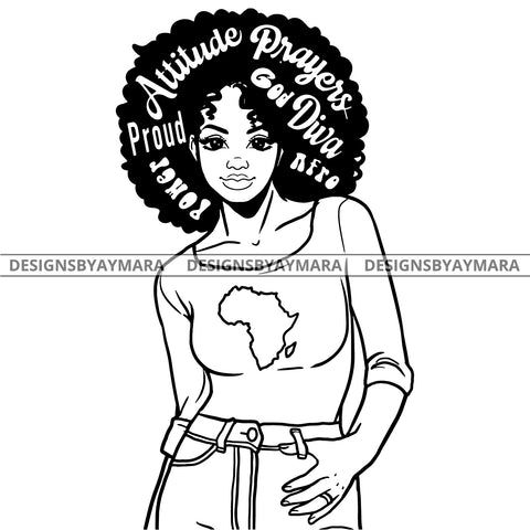 Attitude Goddess Diva Black Big Afro BW With Words Africa SVG JPG PNG Vector Clipart Cricut Silhouette Cut Cutting