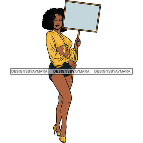 Black Hot Sexy Woman Holding Poster Banner Sign Board Wearing Yellow Blouse Shorts Heel Shoes Curly Hairs Style Girl Magic Melanin Nubian African American Lady SVG JPG PNG Vector Clipart Cricut Silhouette Cut Cutting