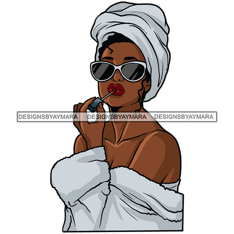 Black Hot Woman Wearing Sunglasses White Bath Robe Showing Cleavage Head Towel Curly Hairs Style Girl Makeup Red Lipstick Lip-gloss Magic Melanin Nubian African American Lady SVG JPG PNG Vector Clipart Cricut Silhouette Cut Cutting