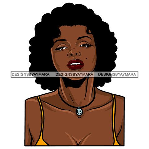 Black Hot Sexy Woman Wearing Yellow Bra Showing Cleavage Beauty Bone Black Mole Curly Hairs Style Girl Jewelry Necklace Makeup Red Lipstick Magic Melanin Nubian African American Lady SVG JPG PNG Vector Clipart Cricut Silhouette Cut Cutting