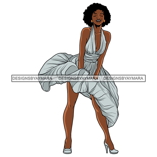Black Woman Wearing Hot Sexy Dress High Heals Showing Cleavage Eye Closed Curly Hairs Style Girl Gold Golden Jewelry Earrings Makeup Black Lipstick Magic Melanin Nubian African American Lady SVG JPG PNG Vector Clipart Cricut Silhouette Cut Cutting
