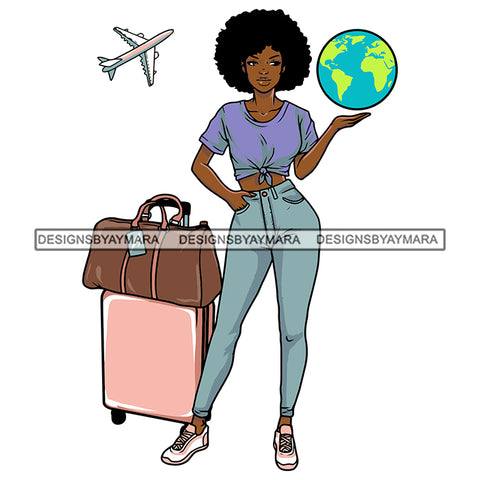 Adventure Melanin Woman Traveling Word Luggage Plane Beautiful Lady SVG PNG JPG Cut Files For Silhouette Cricut and More!