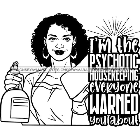 Afro Woman Cleaning Life Quotes Maid Housekeeper Bamboo Earrings Apron Curly Hairstyle B/W SVG JPG PNG Cutting Files For Silhouette and Cricut
