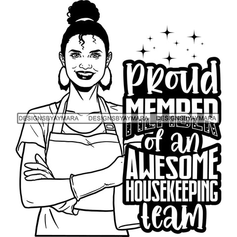 Afro Woman Cleaning Life Quotes Maid Housekeeper Bamboo Earrings Apron Bun Hairstyle B/W SVG JPG PNG Cutting Files For Silhouette and Cricut