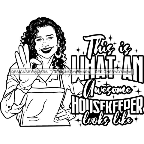Afro Woman Cleaning Life Quotes Maid Housekeeper Bamboo Earrings Apron Curly Hairstyle B/W SVG JPG PNG Cutting Files For Silhouette and Cricut