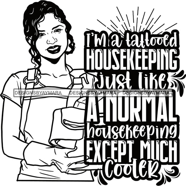 Afro Woman Cleaning Life Quotes Maid Housekeeper Bamboo Earrings Apron Curly Hairstyle B/W SVG JPG PNG Cutting Files For Silhouette and Cricut