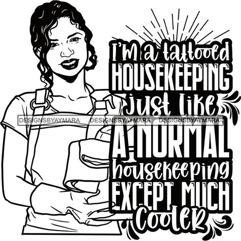 Afro Woman Cleaning Life Quotes Maid Housekeeper Bamboo Earrings Apron Curly Hairstyle B/W SVG JPG PNG Cutting Files For Silhouette and Cricut