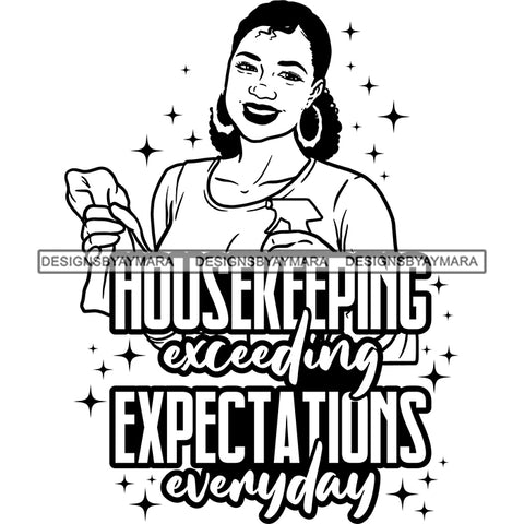 Afro Woman Cleaning Life Quotes Maid Housekeeper Bamboo Earrings Apron Pigtails Hairstyle B/W SVG JPG PNG Cutting Files For Silhouette and Cricut