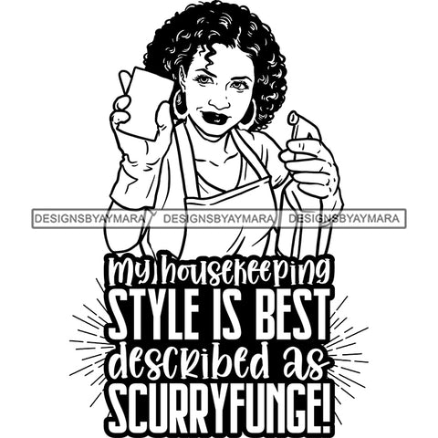 Afro Woman Cleaning Life Quotes Maid Housekeeper Bamboo Earrings Apron Sponge Curly Hairstyle B/W SVG JPG PNG Cutting Files For Silhouette and Cricut