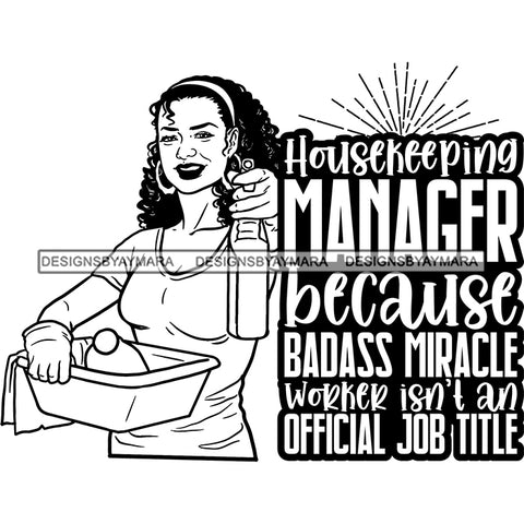 Afro Woman Cleaning Life Quotes Maid Housekeeper Manager Bamboo Earrings Apron Headband Curly Hairstyle B/W SVG JPG PNG Cutting Files For Silhouette and Cricut