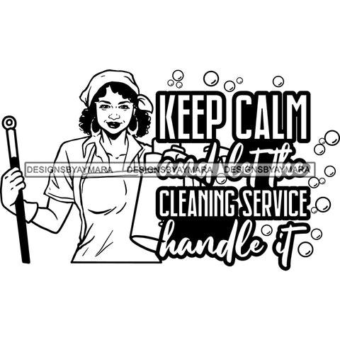 Afro Woman Cleaning Life Quotes Maid Housekeeper Bamboo Earrings Apron Bandana Curly Hairstyle B/W SVG JPG PNG Cutting Files For Silhouette and Cricut