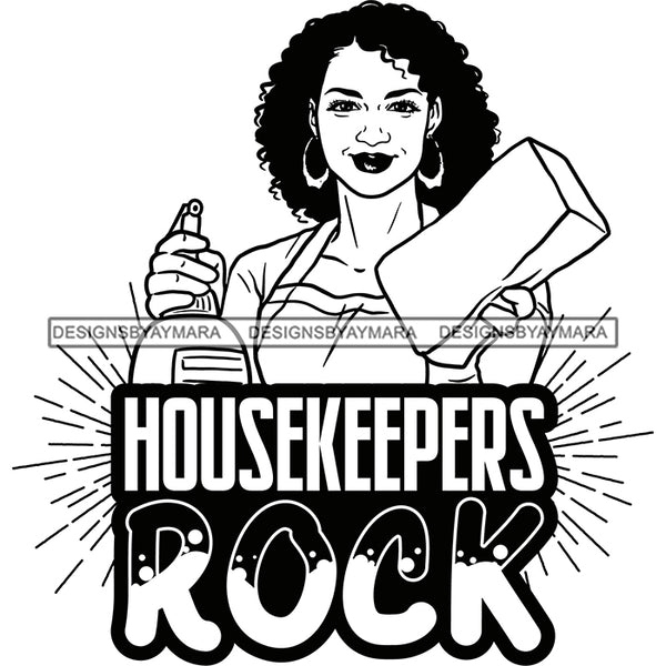 Afro Woman Cleaning Life Quotes Maid Housekeeper Bamboo Earrings Apron Sponge Curly Hair Style B/W SVG JPG PNG Cutting Files For Silhouette and Cricut