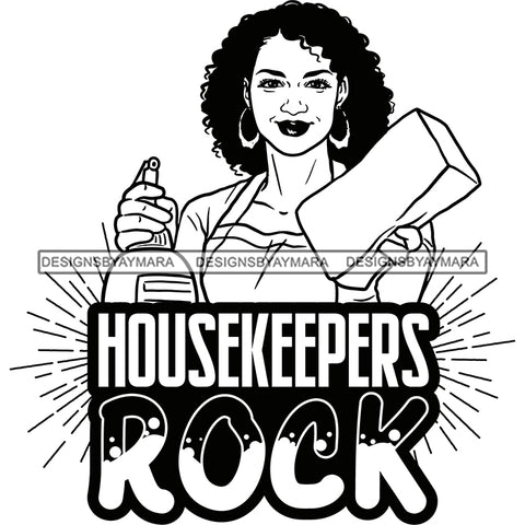 Afro Woman Cleaning Life Quotes Maid Housekeeper Bamboo Earrings Apron Sponge Curly Hair Style B/W SVG JPG PNG Cutting Files For Silhouette and Cricut