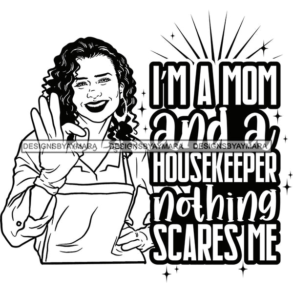Afro Woman Cleaning Life Quotes Maid Housekeeper Bamboo Earrings Apron Curly Hairstyle B/W SVG JPG PNG Cutting Files For Silhouette and Cricut