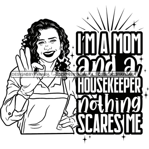 Afro Woman Cleaning Life Quotes Maid Housekeeper Bamboo Earrings Apron Curly Hairstyle B/W SVG JPG PNG Cutting Files For Silhouette and Cricut