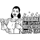 Afro Woman Cleaning Life Quotes Maid Housekeeper Bamboo Earrings Apron Pigtails Hairstyle B/W SVG JPG PNG Cutting Files For Silhouette and Cricut