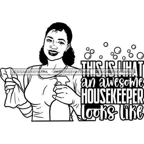 Afro Woman Cleaning Life Quotes Maid Housekeeper Bamboo Earrings Apron Pigtails Hairstyle B/W SVG JPG PNG Cutting Files For Silhouette and Cricut