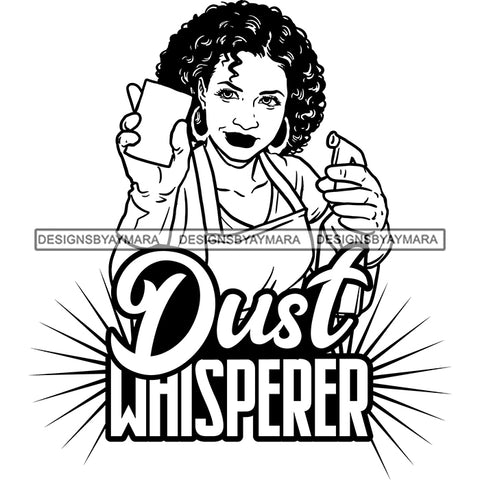 Afro Woman Cleaning Life Quotes Maid Housekeeper Bamboo Earrings Apron Curly Hairstyle B/W SVG JPG PNG Cutting Files For Silhouette and Cricut