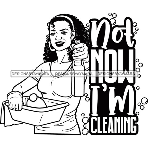 Afro Woman Cleaning Life Quotes Maid Housekeeper Bamboo Earrings Apron Headwrap Curly Hairstyle B/W SVG JPG PNG Cutting Files For Silhouette and Cricut