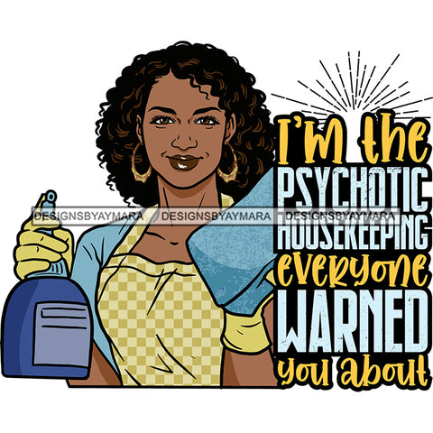 Afro Woman Cleaning Holding Sponge Life Quotes Maid Housekeeper Bamboo Earrings Gloves Apron Curly Hairstyle SVG JPG PNG Cutting Files For Silhouette and Cricut