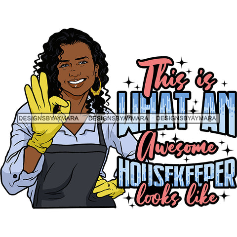 Afro Woman Cleaning Life Quotes Maid Housekeeper Bamboo Earrings Gloves Apron Curly Hairstyle SVG JPG PNG Cutting Files For Silhouette and Cricut