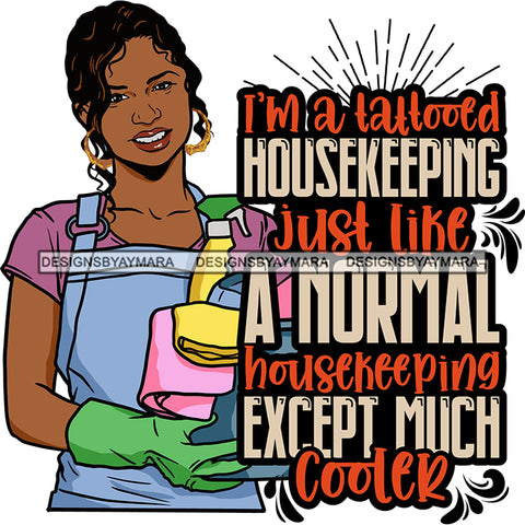 Afro Woman Holding Cleaning Supplies Life Quotes Maid Housekeeper Bamboo Earrings Gloves Apron Curly Hairstyle SVG JPG PNG Cutting Files For Silhouette and Cricut