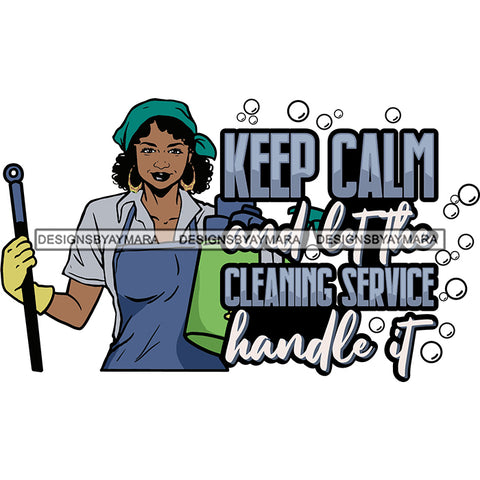 Afro Woman Holding Cleaning Supplies Life Quotes Maid Housekeeper Bamboo Earrings Gloves Apron Bandana Curly Hairstyle SVG JPG PNG Cutting Files For Silhouette and Cricut